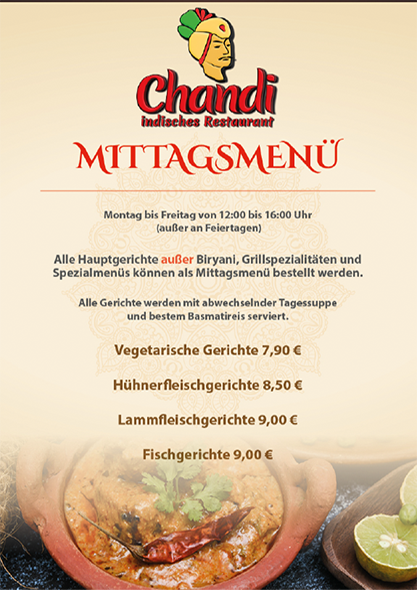 Mittagskarte Chandi - indisches Restaurant in Berlin Steglitz