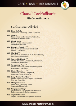 Chandi, indisches Restaurant Berlin-Steglitz, Cocktailkarte